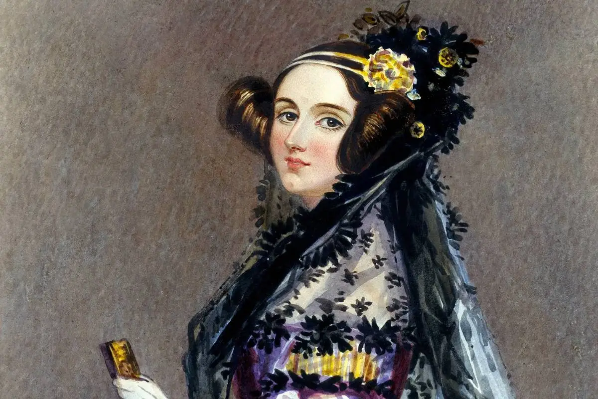 Ada Lovelace, em uma pintura clássica, vestida em trajes vitorianos, representando a matemática e a primeira programadora de computadores da história